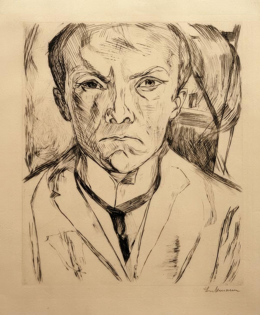 Önden otoportre, arka planda ev üçgeni by Max Beckmann