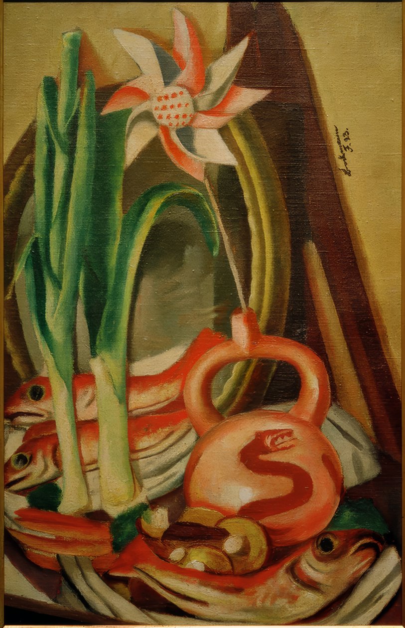 Balık ve kağıt çiçek ile natürmort by Max Beckmann