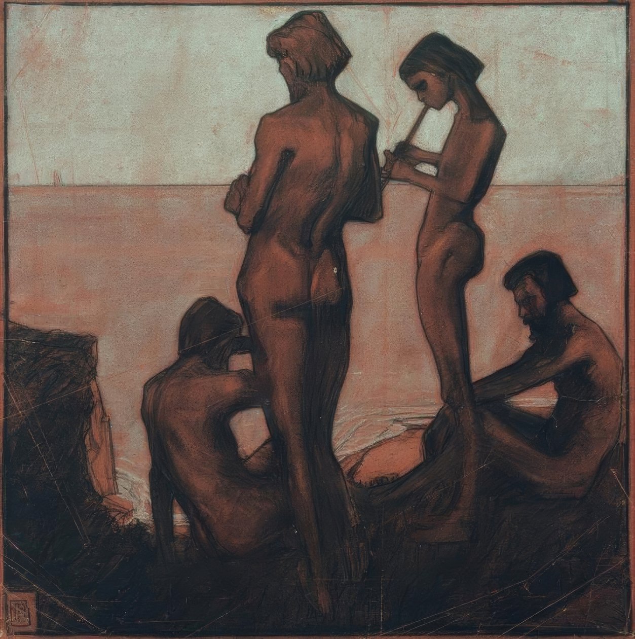 Deniz kenarında dört genç adam (Deniz kenarında genç adamlar - Deniz kenarında dört erkek figürü) by Max Beckmann