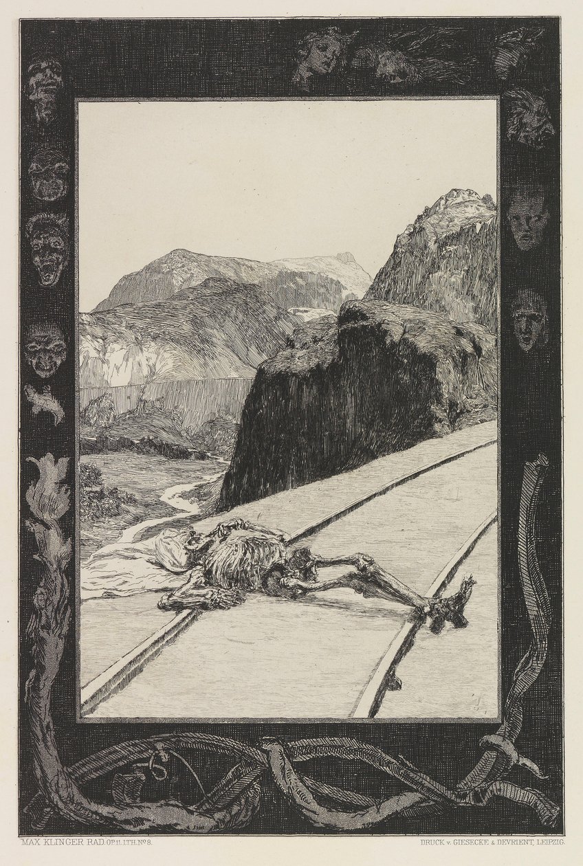 Yollarda Auf den Schienen, Ölüm Üzerine portföyünden 8. plaka, Kısım I, Opus XI, 1897. by Max Klinger