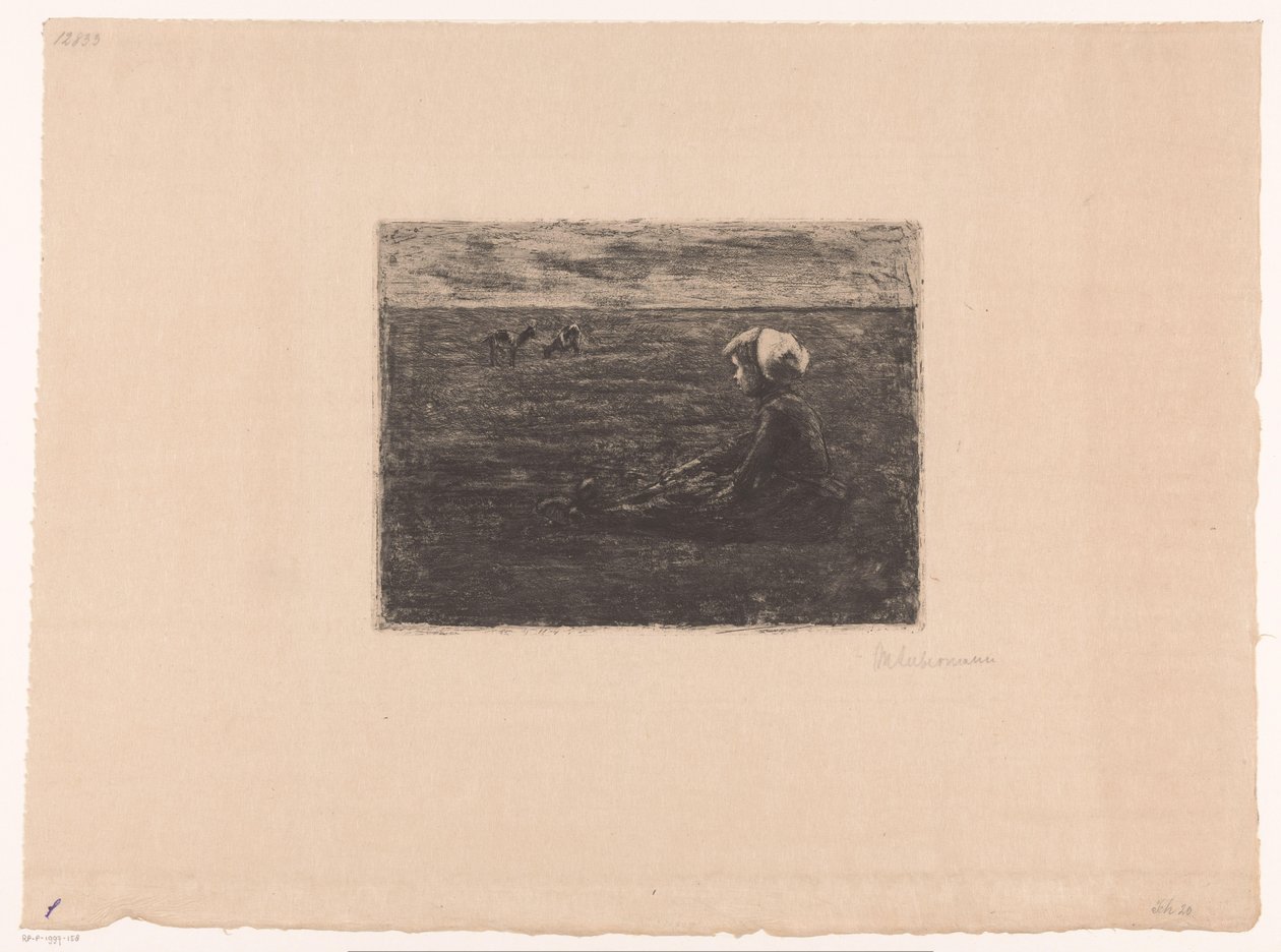 Tarlada oturan genç keçi çobanı by Max Liebermann (signed by artist)