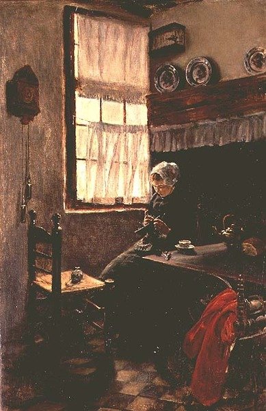 Bir iç mekanda örgü ören genç bir kadın by Max Liebermann