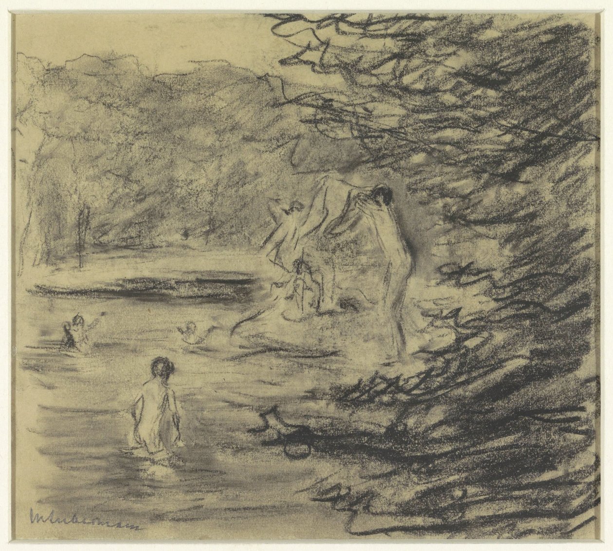 Orman göletinde banyo yapan çocuklar by Max Liebermann