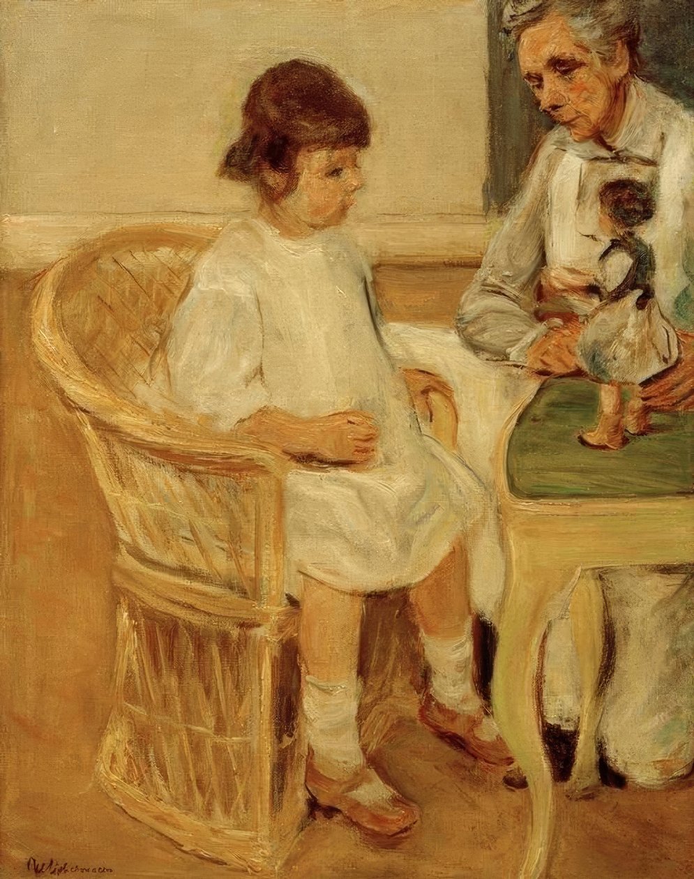 Sağdaki hasır sandalyede sanatçının torunu by Max Liebermann