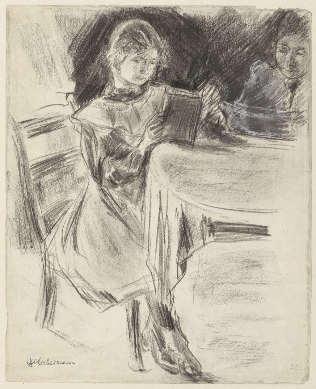 Max Liebermann'ın kızı ve karısı, yuvarlak bir masada kitap okuyorlar. by Max Liebermann