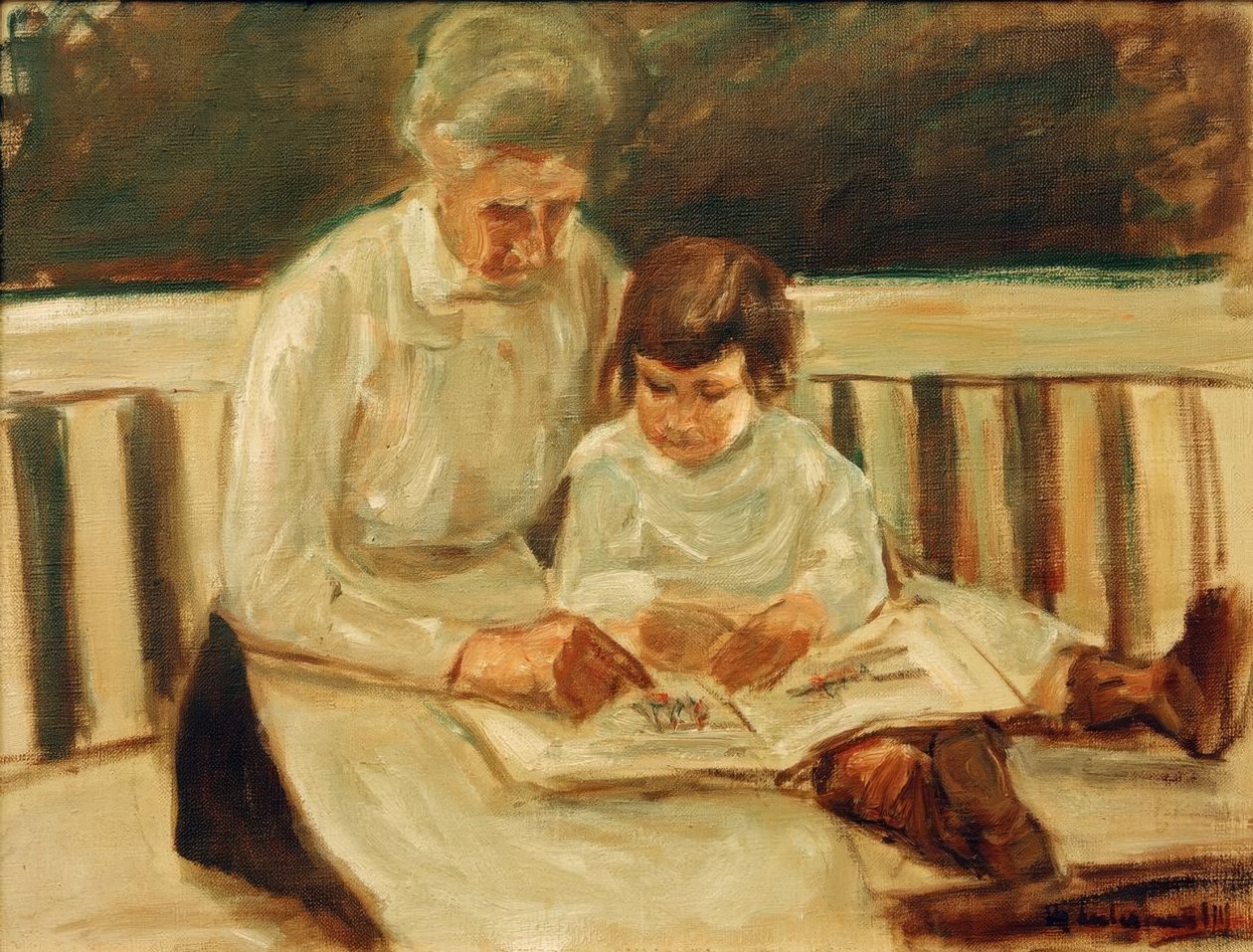 Torunu ve dadı bahçe bankında by Max Liebermann