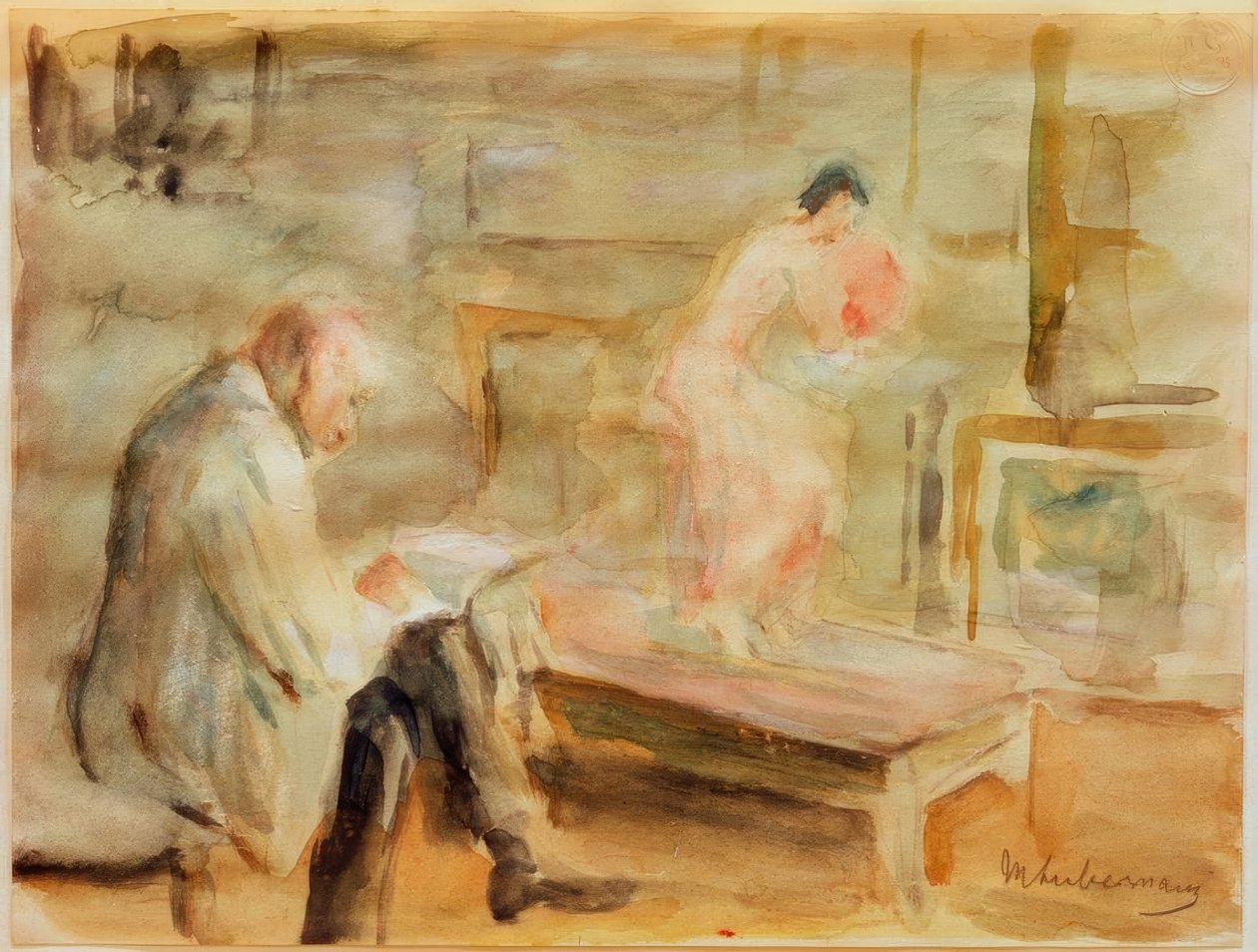 Wannsee villasının stüdyosunda modelli otoportre by Max Liebermann