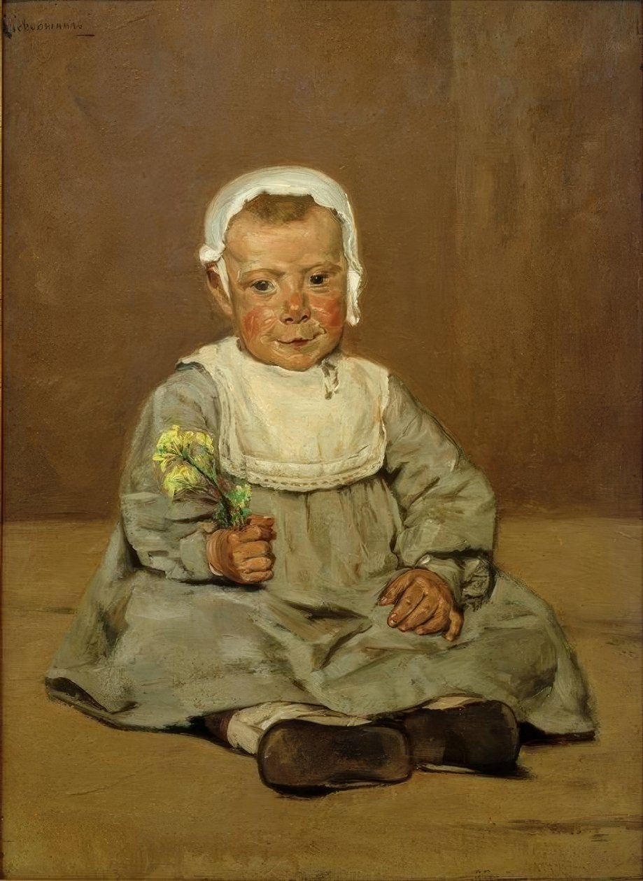 çiçek ile oturan çocuk by Max Liebermann