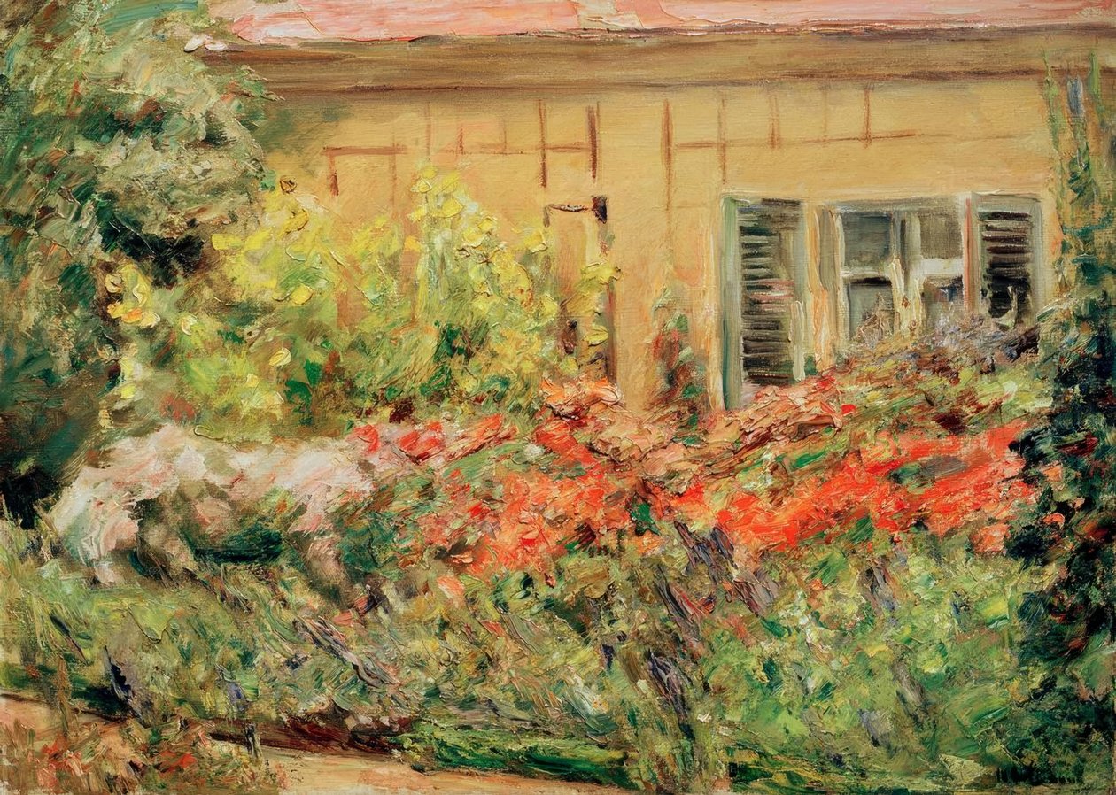 Wannsee Bahçesi. Kuzeydeki bahçıvanın kulübesindeki çiçek çalıları by Max Liebermann
