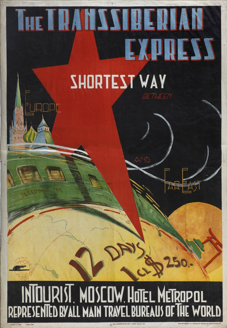 Transsibirya ekspres Intourist şirketinin afişi, 1930 by Max Litvak