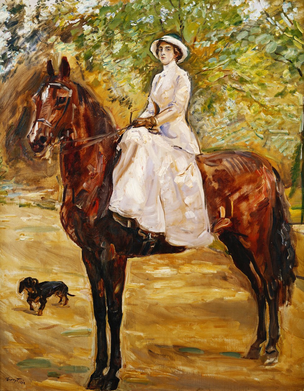 Beyazlı Kadın Ata Biniyor; At sırtında beyaz binicilik elbiseli kadın, 1910 by Max Slevogt