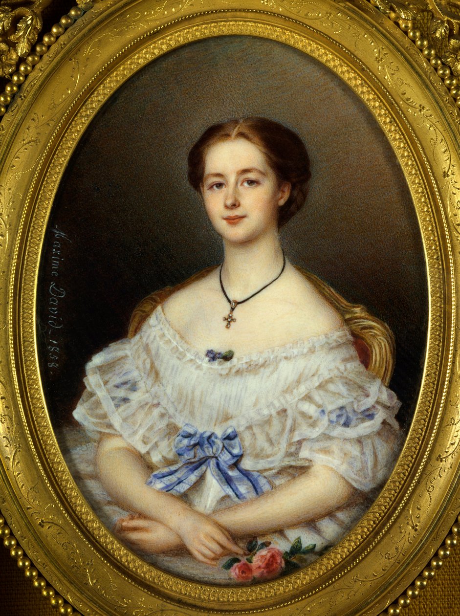 Mavi kurdeleli kadın portresi Boyama Maxime David (19. yüzyıl) 1858 Paris, Dekoratif Sanatlar. by Maxime David