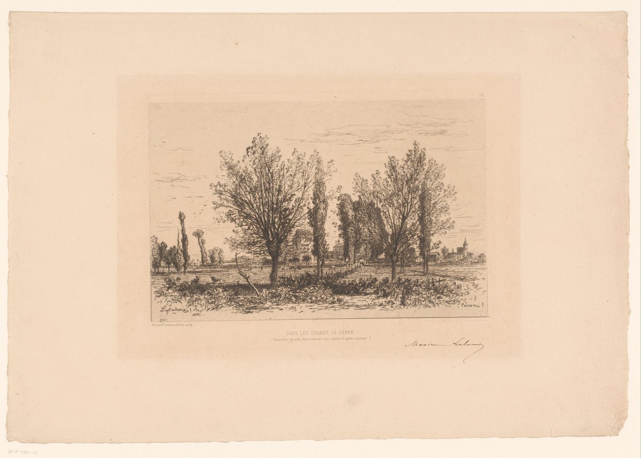 Bir çayır ve bir şehir manzarası ile manzara Dans les champs de Cenon. (nesne üzerindeki başlık) by Maxime François Antoine Lalanne (signed by artist)