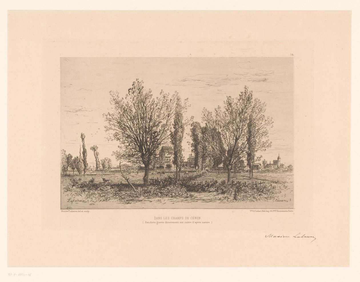 Bir çayır ve bir şehir manzarası ile manzara Dans les champs de Cenon. (nesne üzerindeki başlık) by Maxime François Antoine Lalanne (signed by artist)
