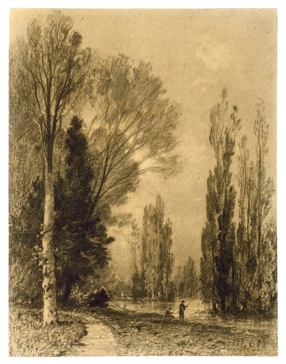 Akşam Nehir Manzarası (kağıt üzerine kömür ve mürekkep yıkama) by Maxime Lalanne