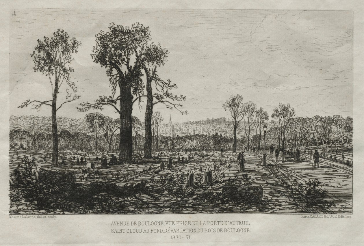 Paris Kuşatması'nın sanatsal anıları: Avenue de Boulogne, Porte d'Auteuil'den alınan görünüm, arka planda St. Cloud, Bois de Boulogne'un Yıkımı by Maxime Lalanne