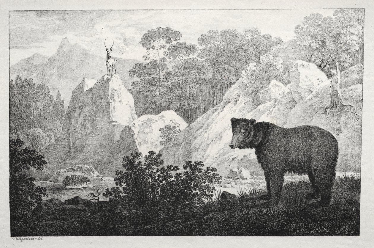 Ayı Ön Planda Dağlık Manzara by Maximilian Josef Wagenbauer