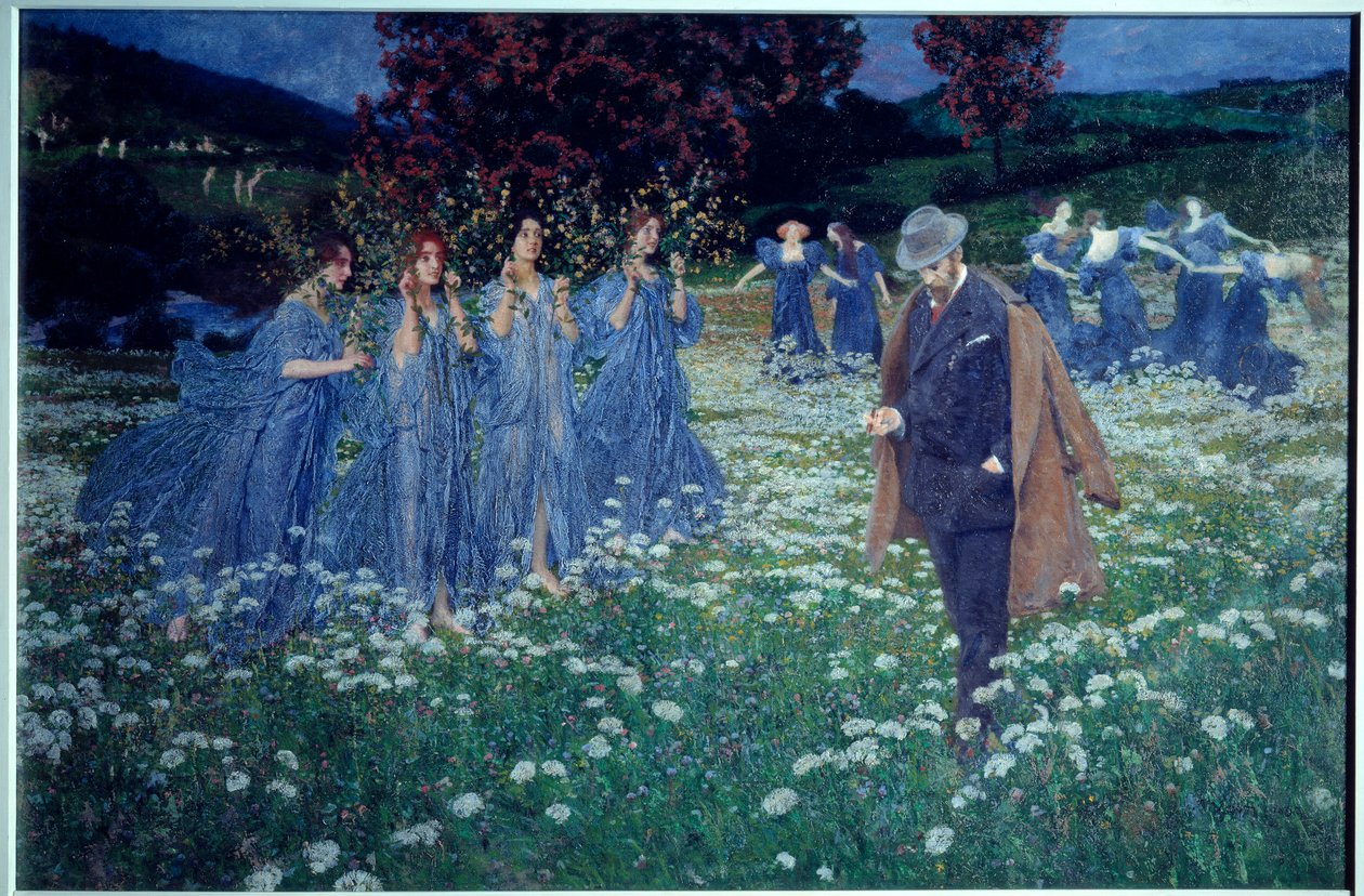 Reverie, bir dünya Rüya gibi bir manzara, bir adam bir tarlayı ücretlerle geçer. Maximilian Lenz'in (1860-1948) tablosu by Maximilian Lenz
