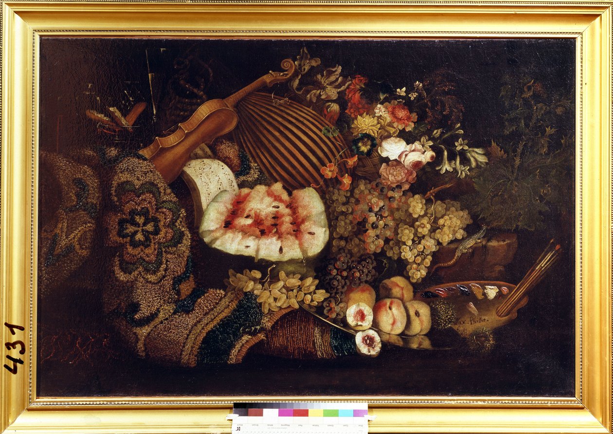 Natürmort. Çiçekler, karpuz, kayısı, üzüm, notalar, keman, mandolin, kertenkele ve boyalar ve fırçalar ile palet. Maximilian Pfeiler tarafından yapılan boyama (1660-1720 dolaylarında) by Maximilian Pfeiler
