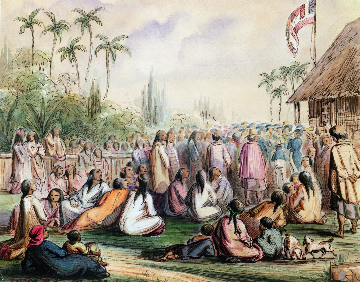 Fransız Himayesinin 1842'de Tahiti'deki pavyonu, c.1842-48 (kağıt üzerinde wc ve mürekkep) by Maximilien Radiguet