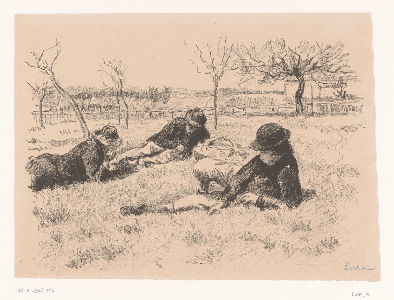 Üç adam bir çayırda dinleniyor by Maximilien Luce (signed by artist)
