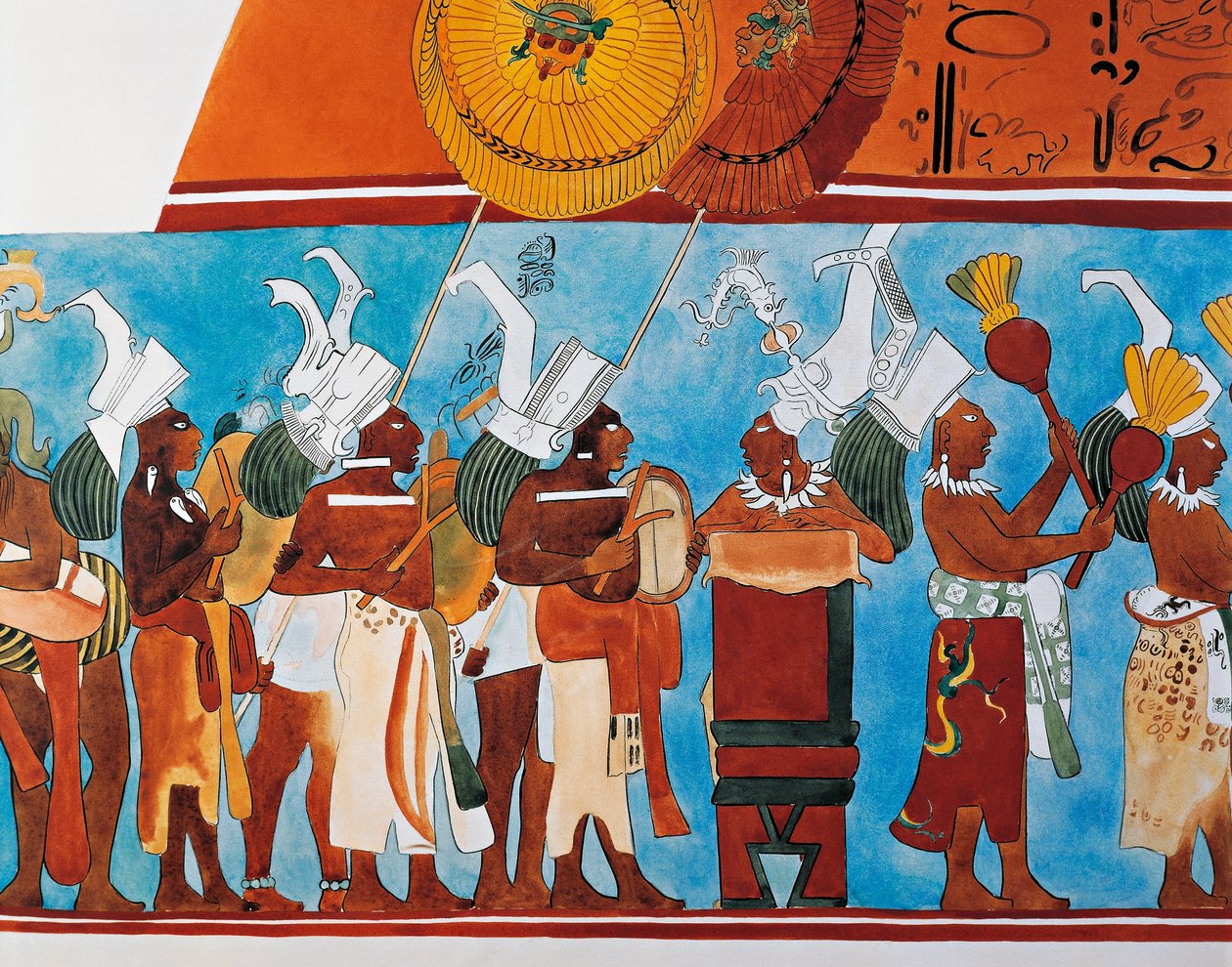 Müzisyenlerin alayını gösteren Bonampak fresklerinin yeniden inşası (duvar resmi) by Mayan