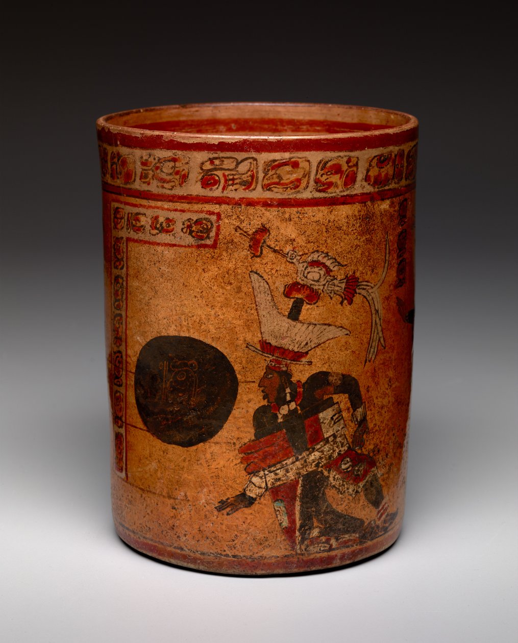 Top oyunu sahneli silindirik kap, Geç Klasik dönem, c.682-701 (seramik) by Mayan Mayan