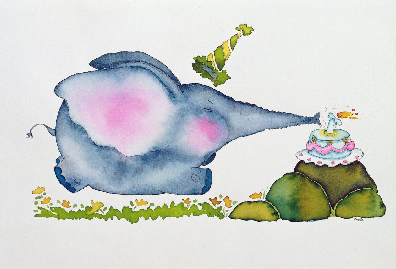 Doğum Günü Elephant, 1998 (kağıt üzerine wc ve mürekkep) by Maylee Christie