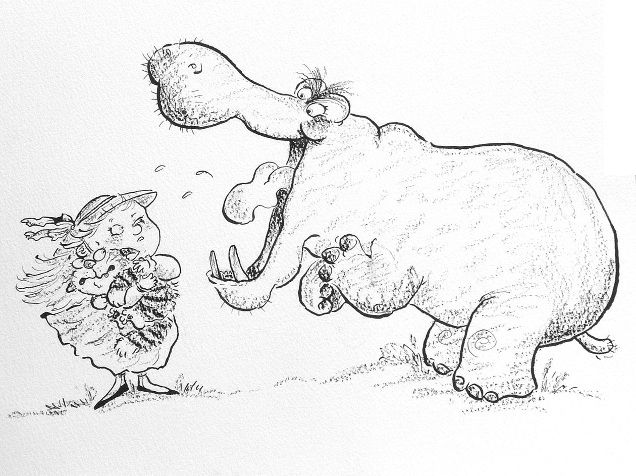 Senden Korkmuyorum Bay Hippo (kağıt üzerine mürekkep ve pastel boya) by Maylee Christie