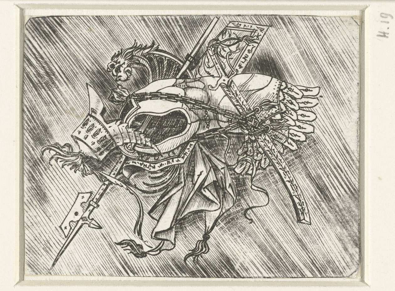 Zırh, miğfer ve teber dahil olmak üzere silah ganimetleri by Meester van 1515