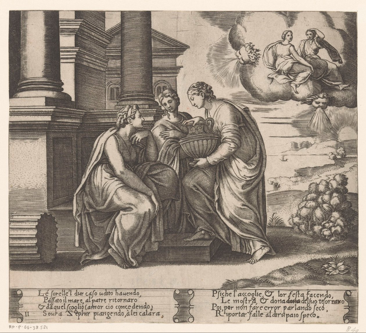 Psyche kız kardeşleri tarafından ziyaret edilir Amor ve Psyche Öyküsü (dizi adı) by Meester van de Dobbelsteen