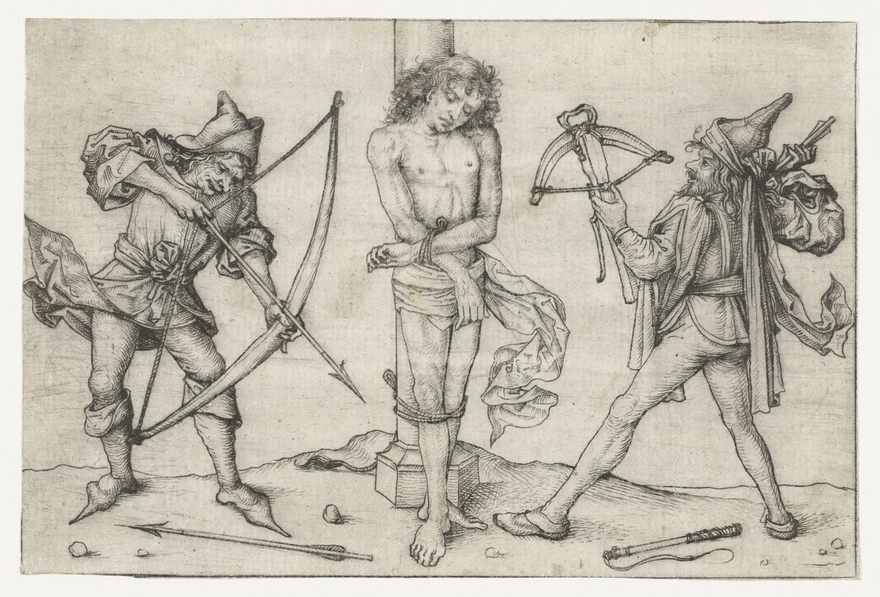 Okçular ile Aziz Sebastian by Meester van het Amsterdamse Kabinet
