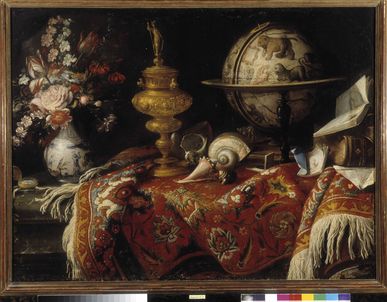 Bir halı üzerinde çiçekler, astral küre, kitaplar ve altın işi vazo. Resim Meiffren Conte (veya Kont) (1630-1705) Zorunlu söz: Koleksiyon fondasyonu, Provence, Marsilya (cm 92x121) by Meiffren (c.1630 1705) Conte
