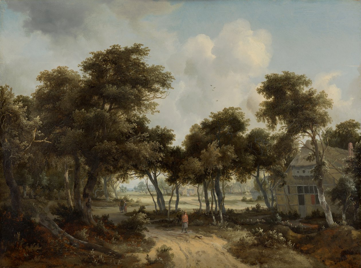 Bir orman manzarası içinde çiftlik evleri by Meindert Hobbema