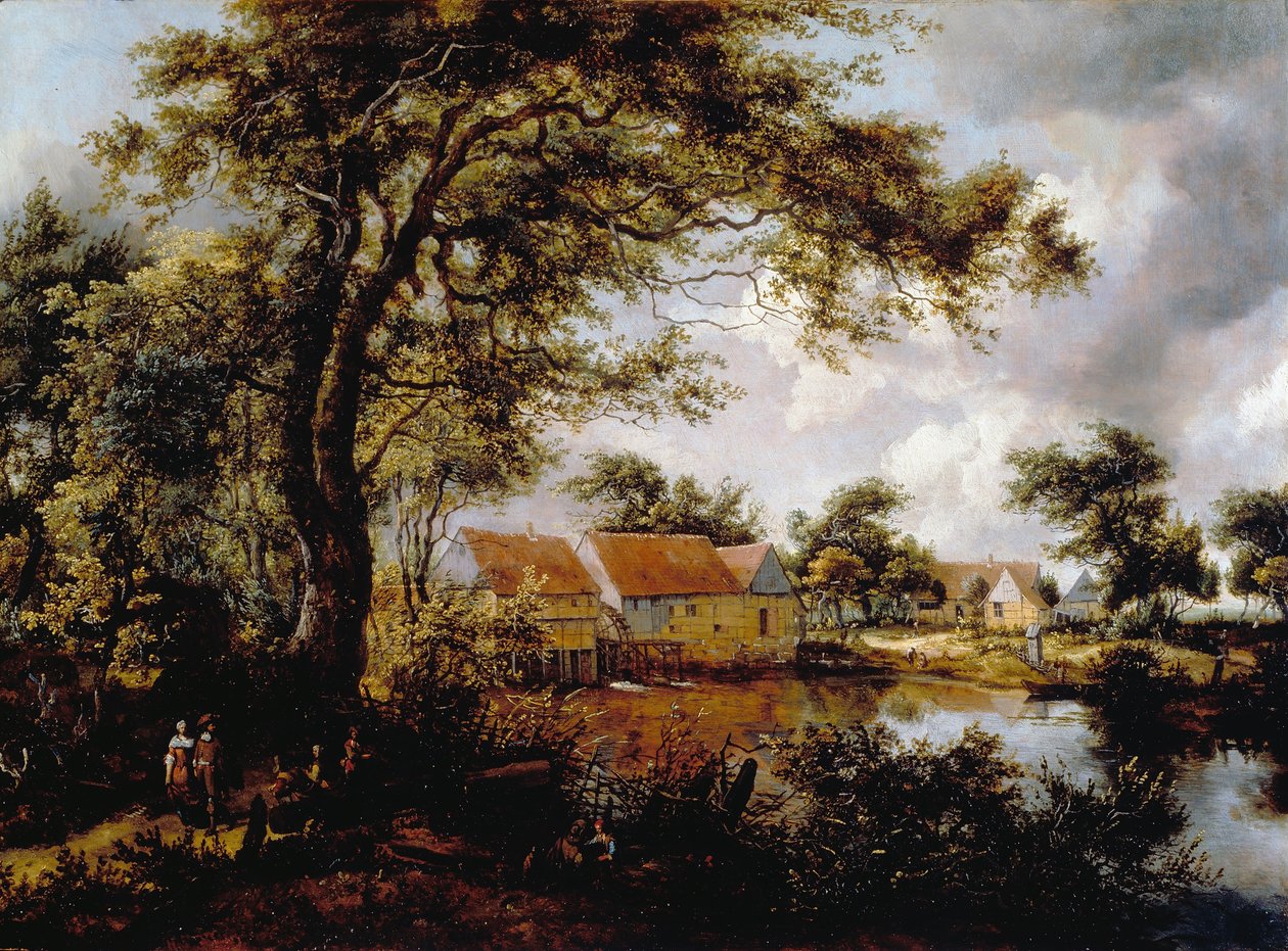Su değirmeni ile ormanlık manzara by Meindert Hobbema