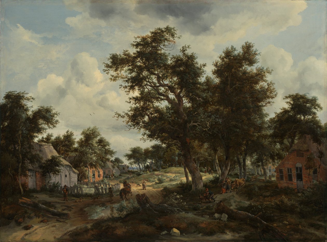 Bir Köyden Geçen Bir Yolda Yolcuların Olduğu Ormanlık Bir Manzara, c.1665 (tuval üzerine yağlı boya) by Meindert Hobbema