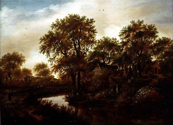 Evler ve köylü ile nehir manzarası by Meindert Hobbema