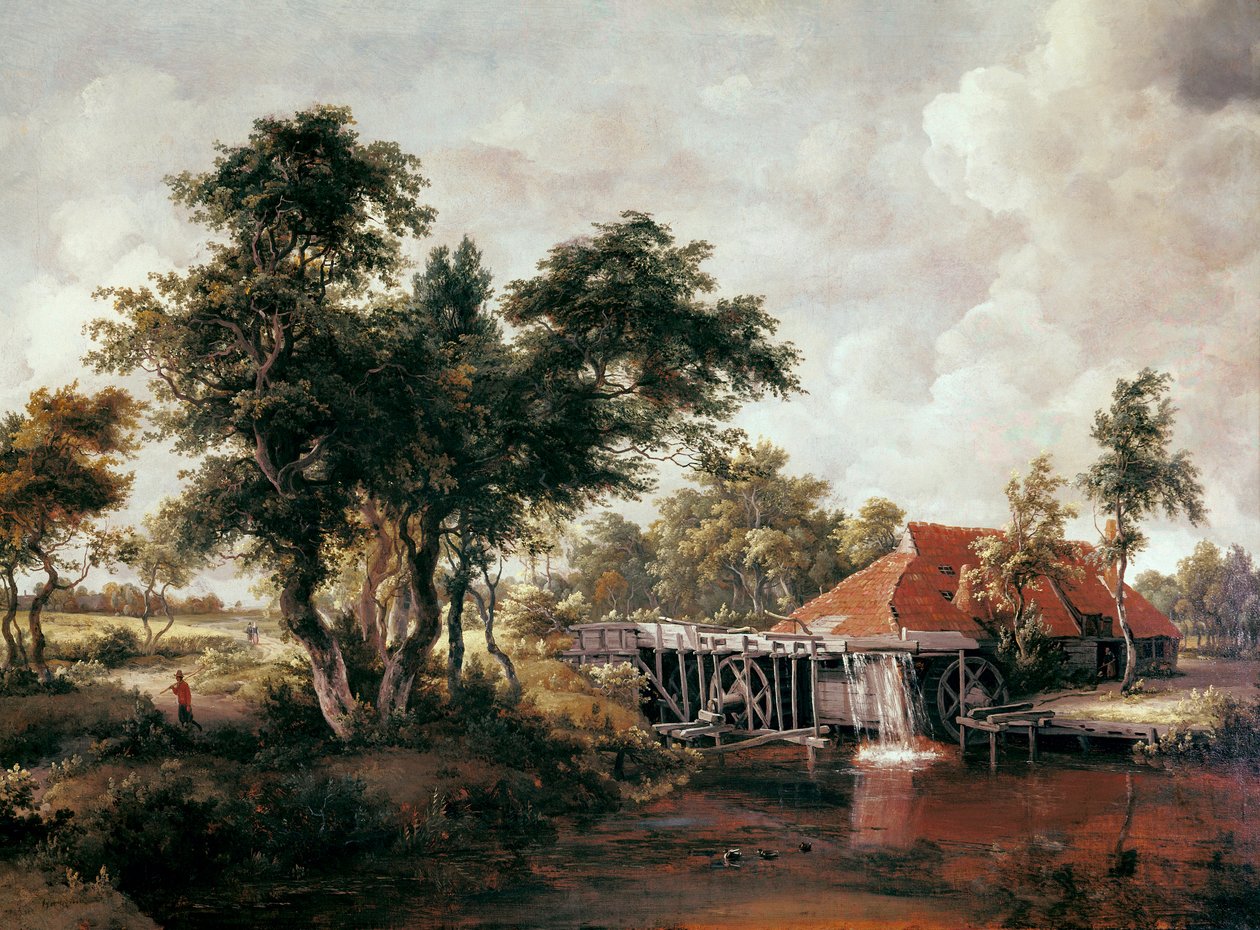 Büyük kırmızı çatılı su değirmeni. Meindert HOBBEMA tarafından boyama by Meindert Hobbema