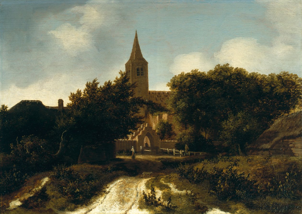Bir Kilisenin Yanında Figürlerin Bulunduğu Ormanlık Peyzaj, c.1660 by Meindert Hobbema