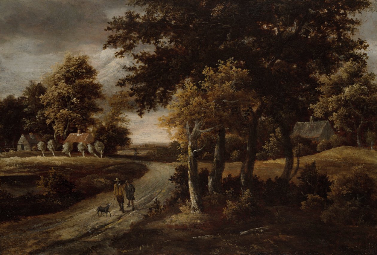 Bir Yolda Figürlerle Ormanlık Peyzaj by Meindert Hobbema