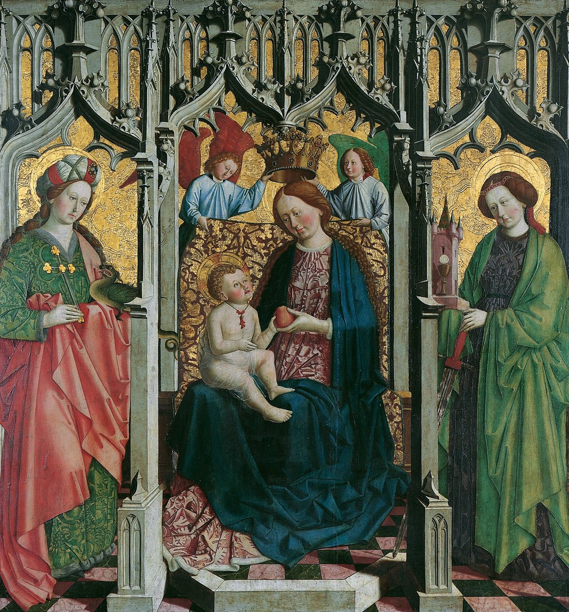 Enthroned Mary ile St. Margarethe ve Barbara (ön yüz); Üzüntülerin Adamı, dal süslemeli (arka) by Meister von Uttenheim