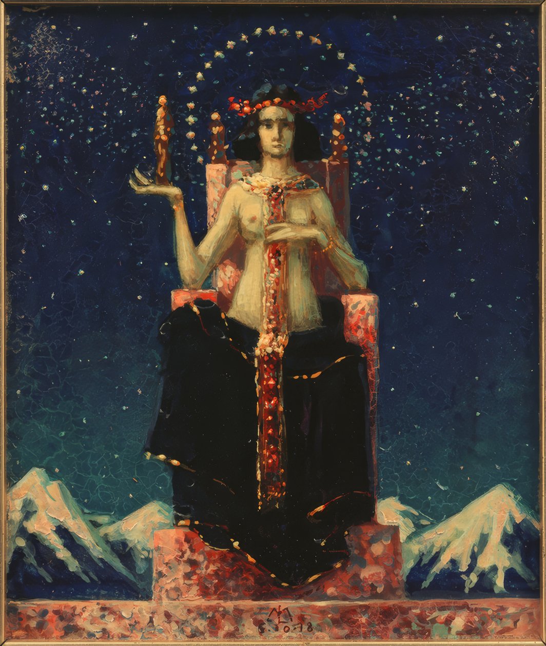 Himalaya gece manzarasının önünde alegorik kadın figürü by Melchior Lechter