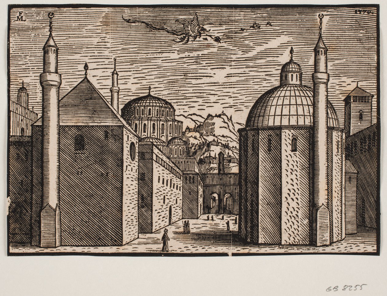Her biri 1 minareli 3 cami; gökyüzünde uzun kuyruklu uçan bir ejderha by Melchior Lorck