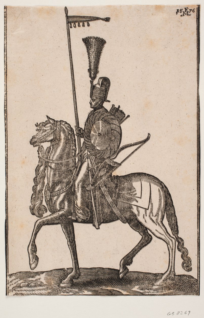 Hazır asker, profil sola; flama ile mızrak, yanında yay, dairesel kalkan, titreme; tüy çalı ile başlık by Melchior Lorck