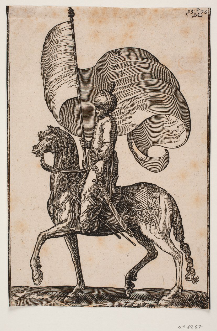 Standart taşıyıcıyı hazırlayın, profil sola; sol yanında bir kılıç taşıyor by Melchior Lorck