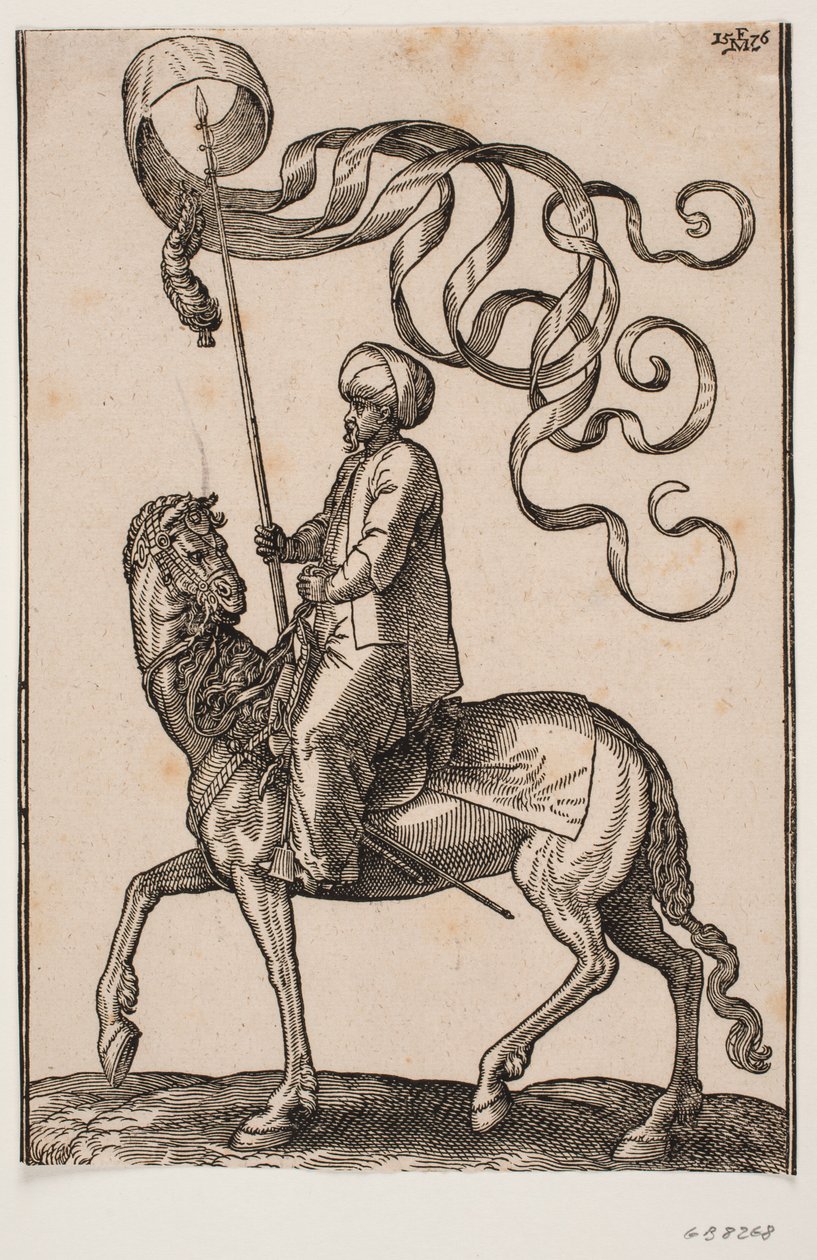 Standart taşıyıcıyı hazırlayın, profil sola; standart 3 lobludur ve altına tüy asılır; kılıcı sol bacağı ile atın yan tarafı arasına yerleştirildi by Melchior Lorck