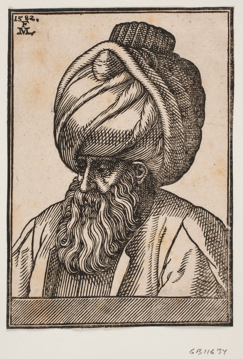 Sarıklı sakallı adamın büstü, sola doğru 3/4 profil by Melchior Lorck