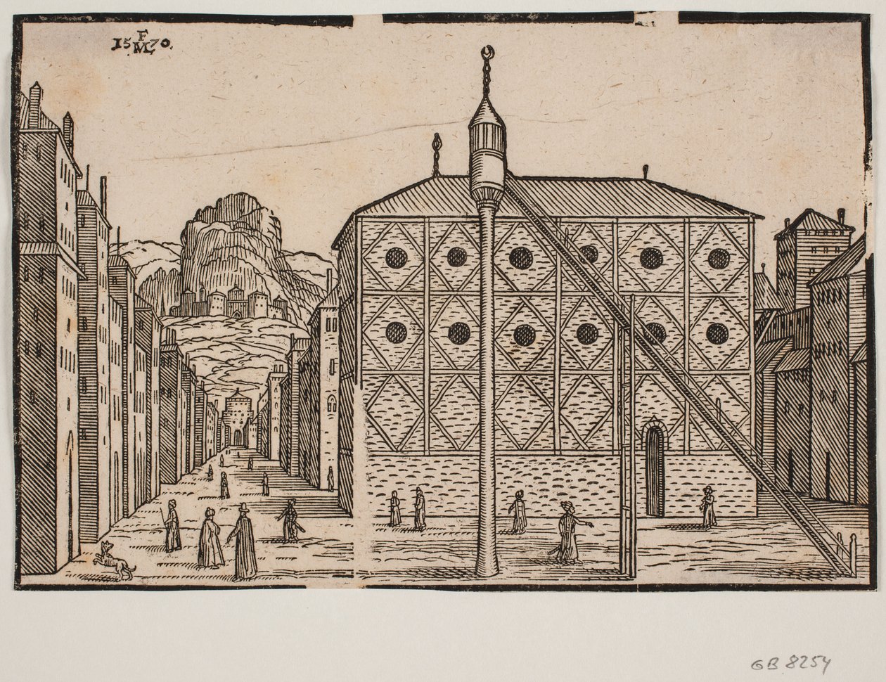 Sokak, ön planda cami ve müstakil minare by Melchior Lorck
