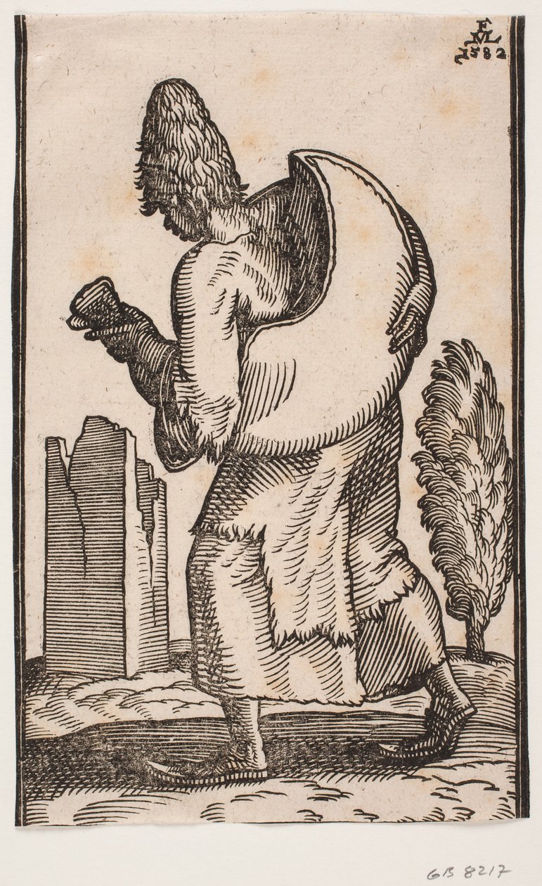 Solda yürüyen adam, arkadan görülüyor; sırtında deriden bir su torbası taşıyor by Melchior Lorck