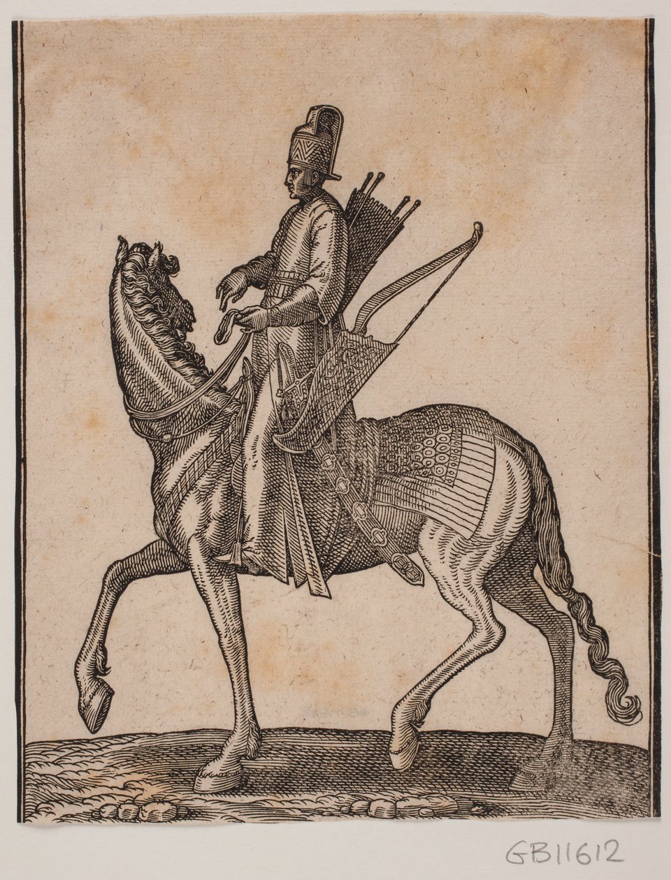 Atlı asker, profil sağa doğru; kılıcını ve yayını sol tarafında, sadağını sağ tarafında taşır by Melchior Lorck